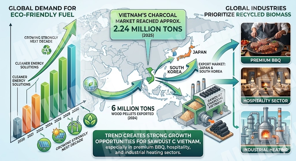Growing global demand for Sawdust Charcoal Vietnam